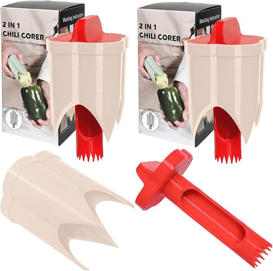 Pepper Corer, 2 in 1 Red Bell Pepper Seed Corer Remover Tool, Fruit & Vegetable Corers Quick Cave Tools for Jalapeno Cutter Deseeder, Red-S, 2 PCS
