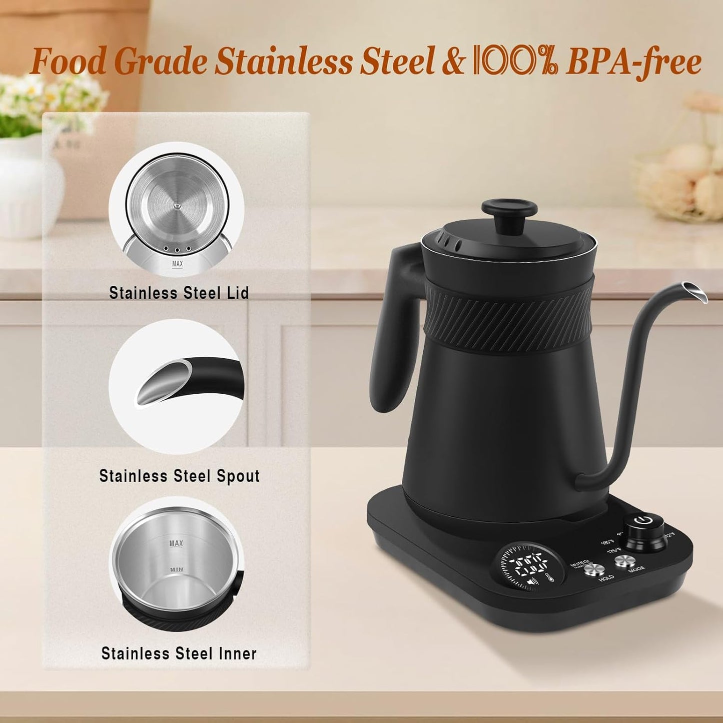 Secura Electric Gooseneck Kettle with 5 Temperature Control Presets, 100% Stainless Steel Inner Tea/Coffee Kettle with 1.5H Keep Warm, 1200 Watt Quick Heating for Coffee Tea Brewing, 0.8L, Matt Black