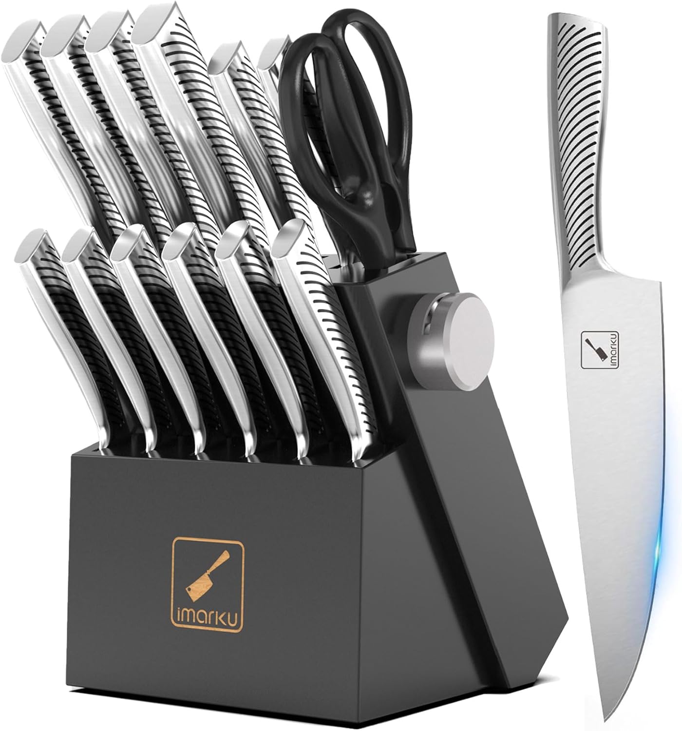 Knife Block Set, 15Pcs High Carbon Stainless Steel Knife Set with Block, Kitchen Knife Set Black, Dishwasher Safe, Build-in Sharpener