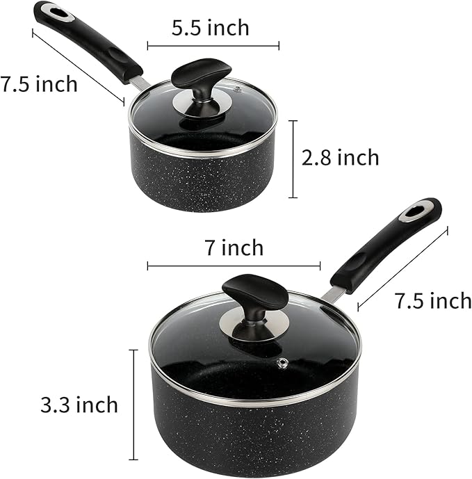 Nonstick Saucepan Set - 1 Quart and 2 Quart,Ultra Non Stick Sauce Pan Small Pot with Glass Lid,Great for Home Kitchen Restaurant,Black