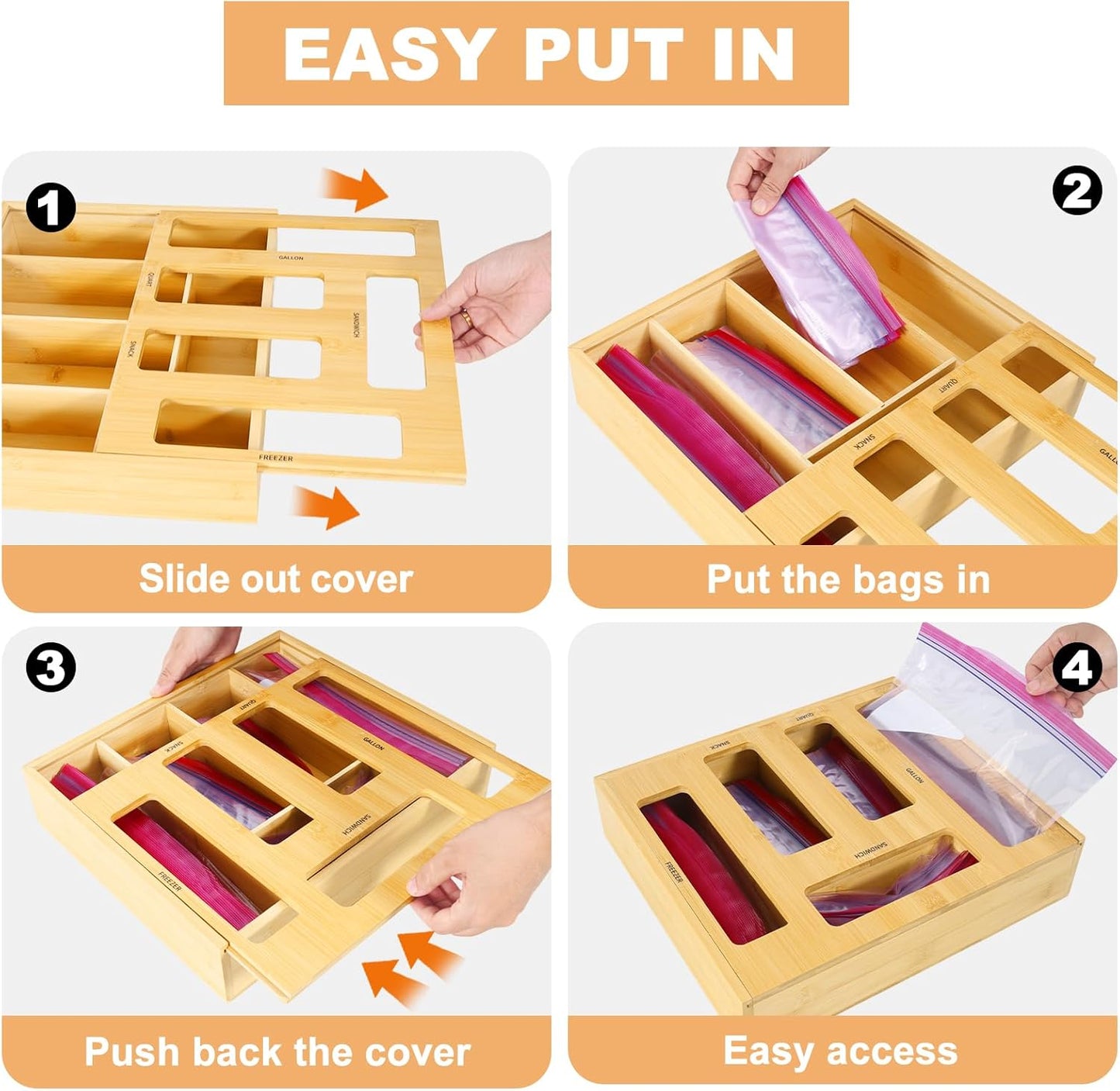 Bag Storage Organizer Compatible with Ziploc Gallon, Quart, Sandwich & Snack Sized Slider Bags,Bamboo Organizer For Drawer(13.7"L*11.8H"*3.1W")
