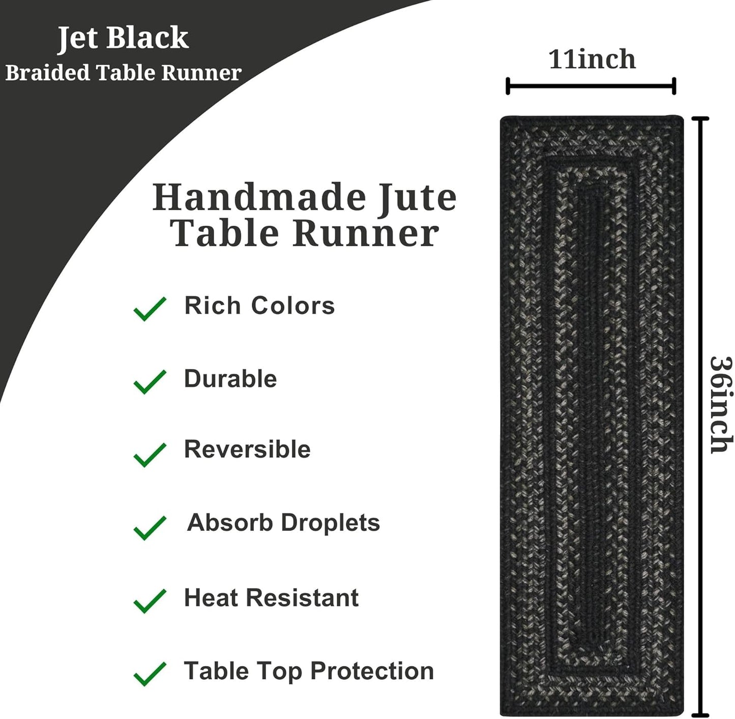 Homespice Jet Black Jute Braided Long Table Runner, Warm Primitive Decor, Rectangle 11x36 - Rich Colors, Easy to Clean, Durable and Protects Furniture
