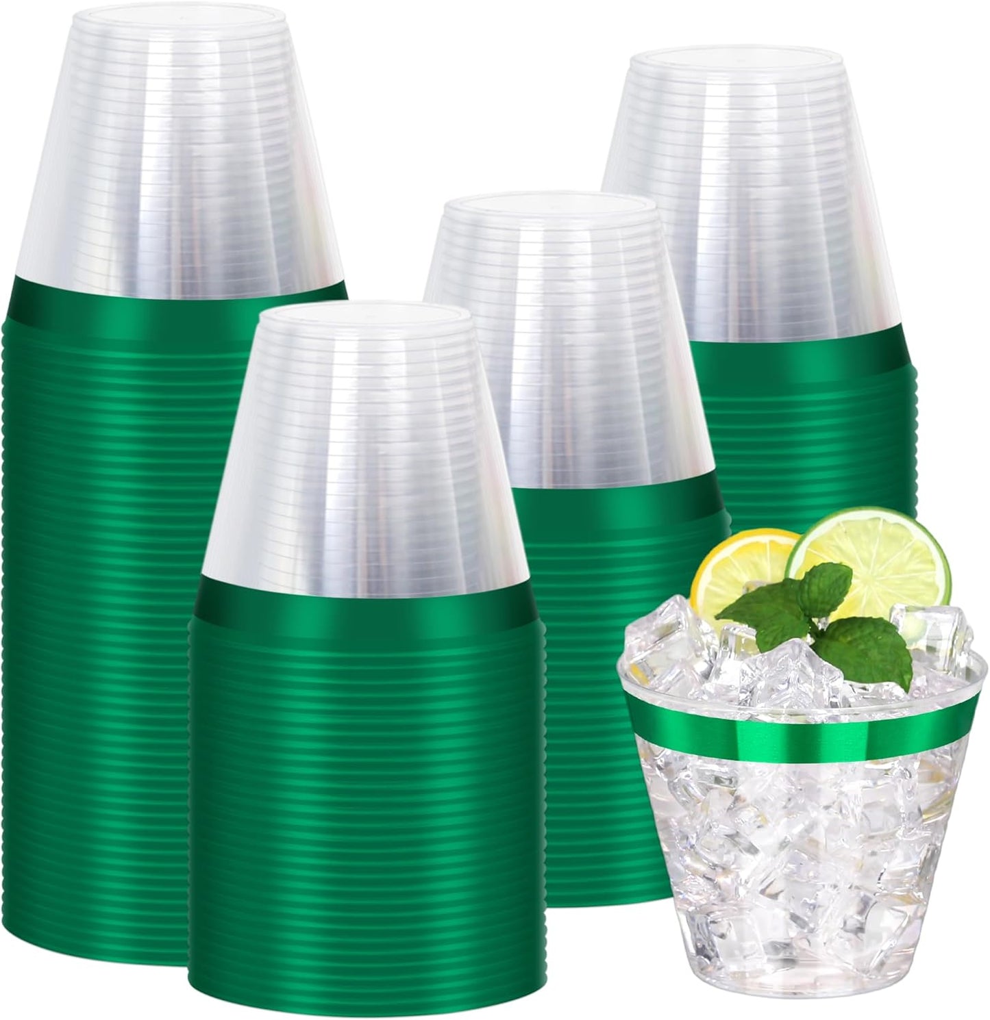 120 Pcs Green Plastic Cups,9Oz Green Rimmed Plastic Cups,Heavy Duty Clear Disposable Plasitc Cocktail Tumblers Wine Cup for Party,Wedding,Birthday,Christmas