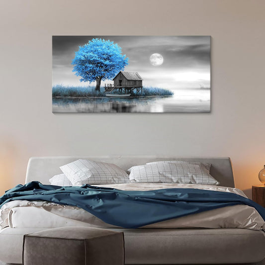 JEAWA Landscape Canvas Wall Art Decor - Blue Gray Wall Art for Bedroom Living Room Home Office, Winter Wall Art Canvas Paintings, Moon Pictures Wall Decor, Tree Art Wall Decor, 24x48 IN