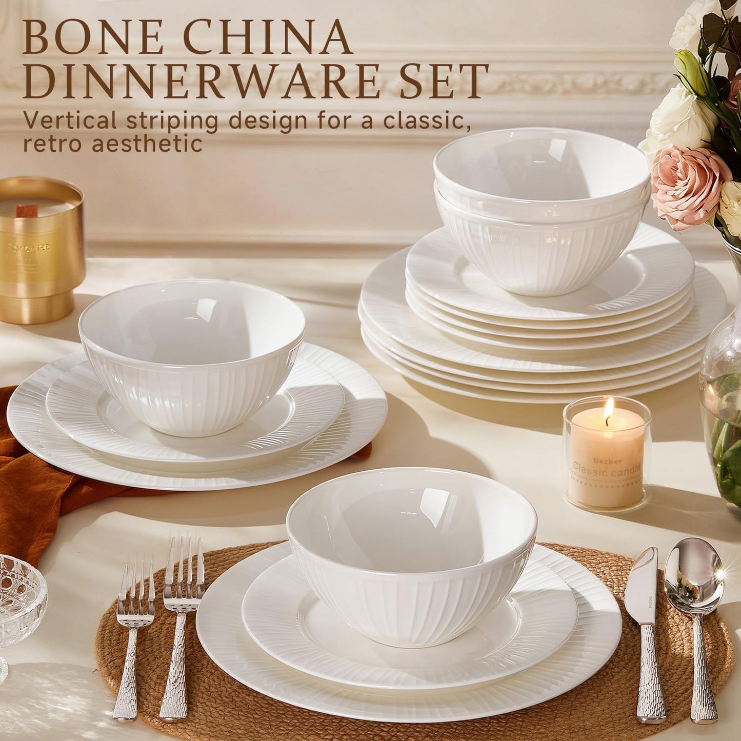 KINGSTONE Bone China Dinnerware Set, 24-Piece White Lightweight Porcelain with Textured Design Service for 8, Plates, Bowls, for Family Dining, Restaurants, Gifting，Microwave and Dishwasher Safe