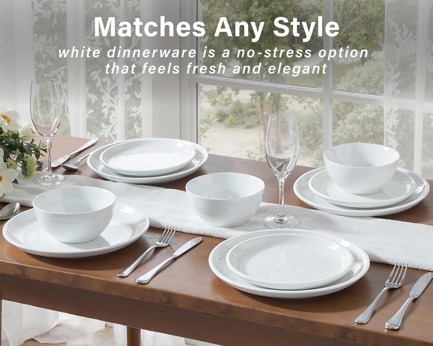 ONEMORE Plates and Bowls Set for 4 - Microwave & Dishwasher Safe Porcelain Dinnerware Set Service for 4 - Ceramic Dishes Set(12 Pcs) - White