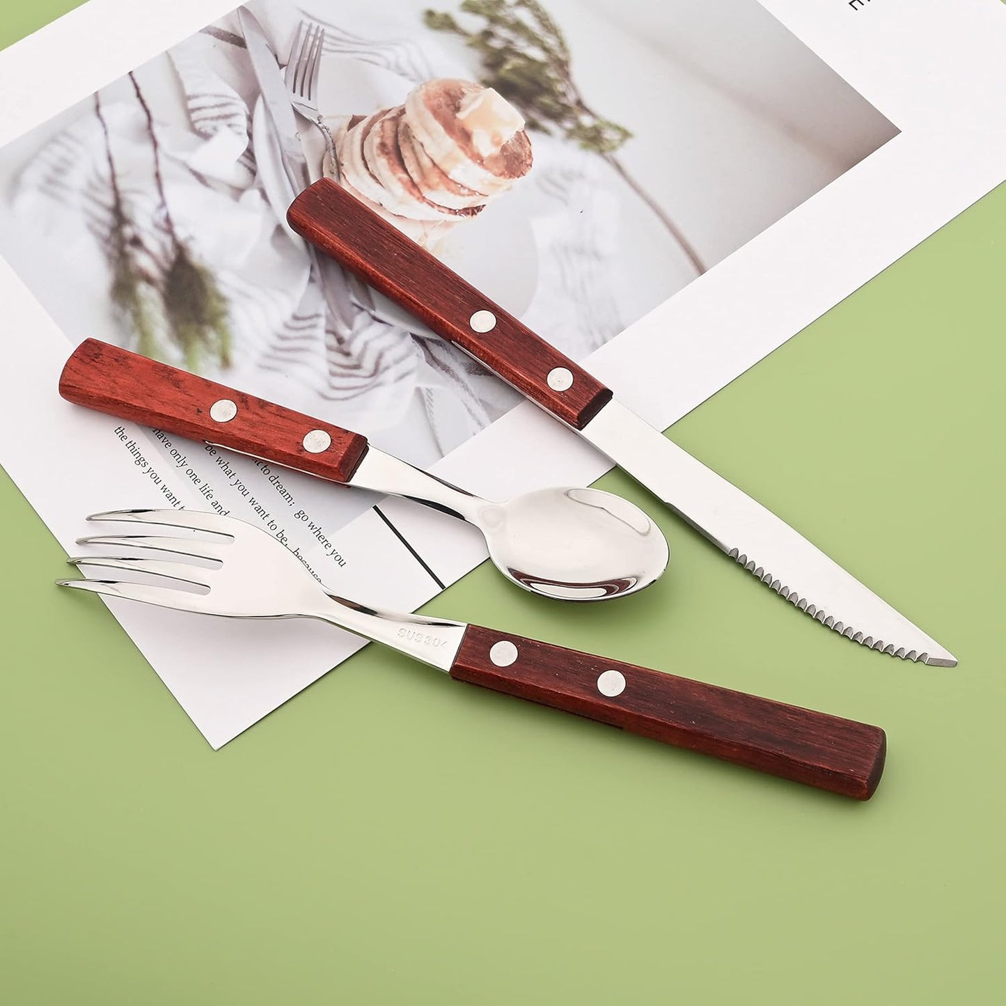 8-Piece Dinner Forks Set, 304 Stainless Steel Forks with Natural Wood Handle, Reddishbrown Wood Handle Flatware, 7.9 Inches Salad Forks