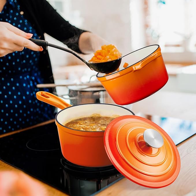 Enameled Cast Iron Sauce Pan, Leonyo 1 Qt & 2 Qt Saucepan Set, Cast Iron Dutch Oven Kitchen Small Pots for All Cooktops Cooking Pasta, Milk, Oatmeal - Up to 500°F & Nonstick, Orange