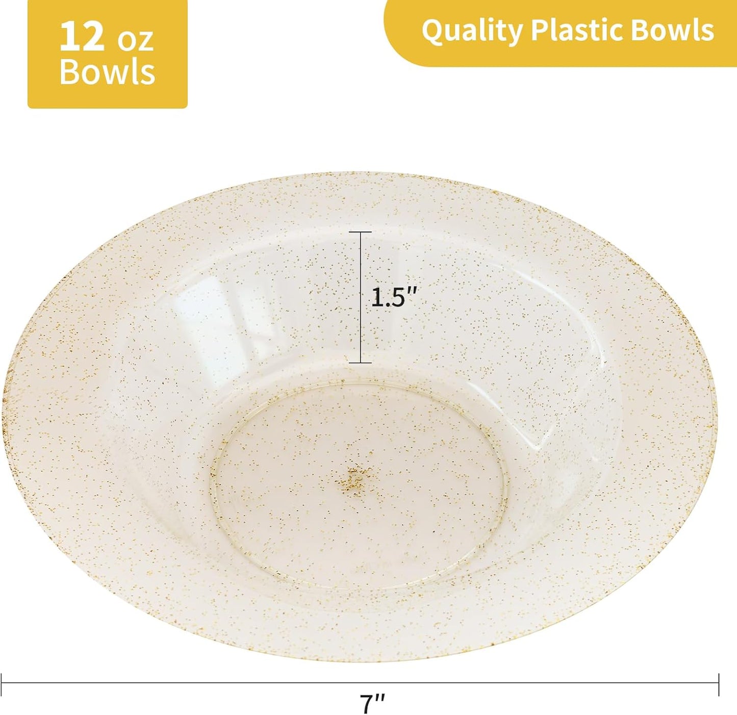 Goodluck 50 Pack Gold Glitter Plastic Bowls, 12oz Disposable Soup Bowls, Heavy Duty Dessert Bowls for Weddings, Parties, Dinners, Catering, Christmas and Everyday Use
