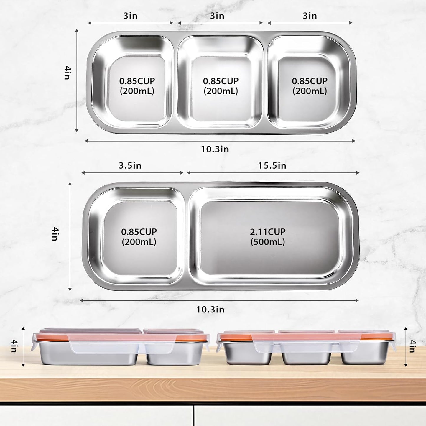 Stainless Steel Snack Box Container - 2 Pack Bento Box for Kids & Adults, 3 Compartment Leak-Proof Snack Containers with Lids (Orange)