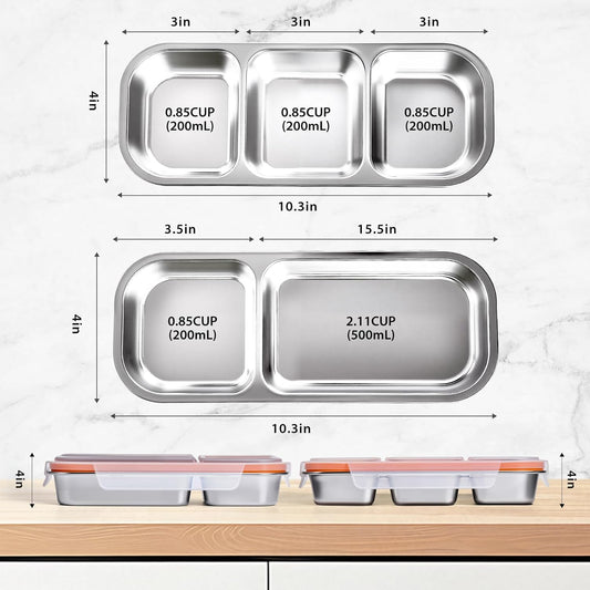 Stainless Steel Snack Box Container - 2 Pack Bento Box for Kids & Adults, 3 Compartment Leak-Proof Snack Containers with Lids (Orange)