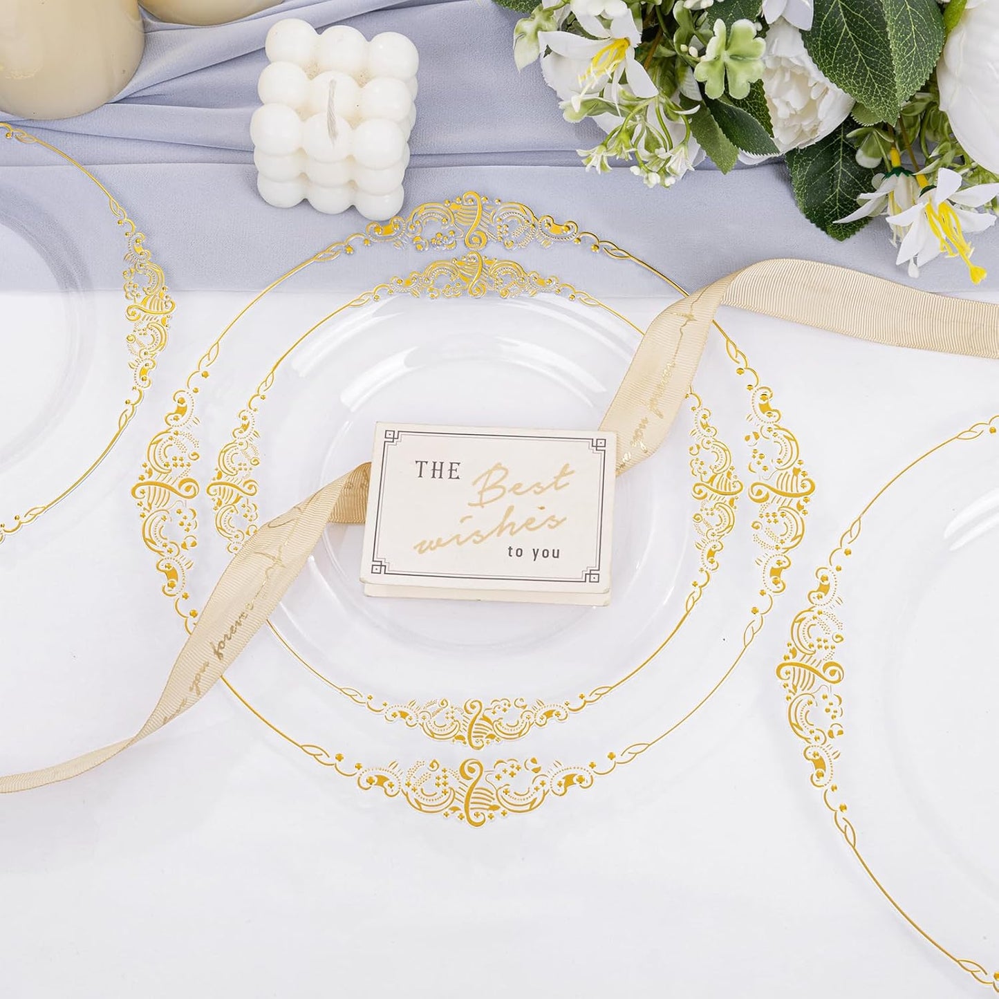102PCS Clear Gold Plastic Plates - Clear Disposable Plates with Gold Rim - Clear Party Plate Include 51PCS Dessert Plates, 51PCS Dinner Plate for Weddings & Thanksgiving Parties