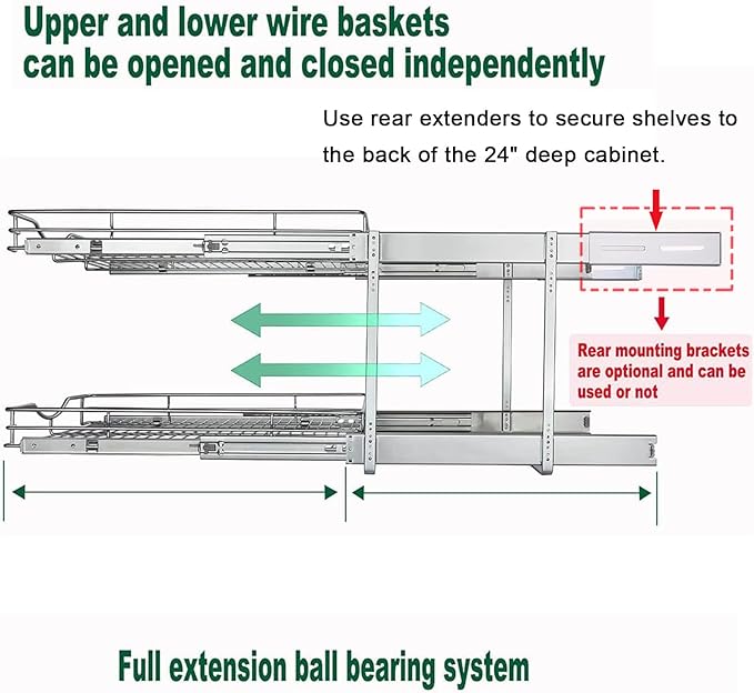DINDON 2 Tier Pull Out Cabinet Organizer (17" W X 21" D), Double Tier Wire Basket Slide Out Shelf Storage for Kitchen Base Cabinet, Chrome Finish