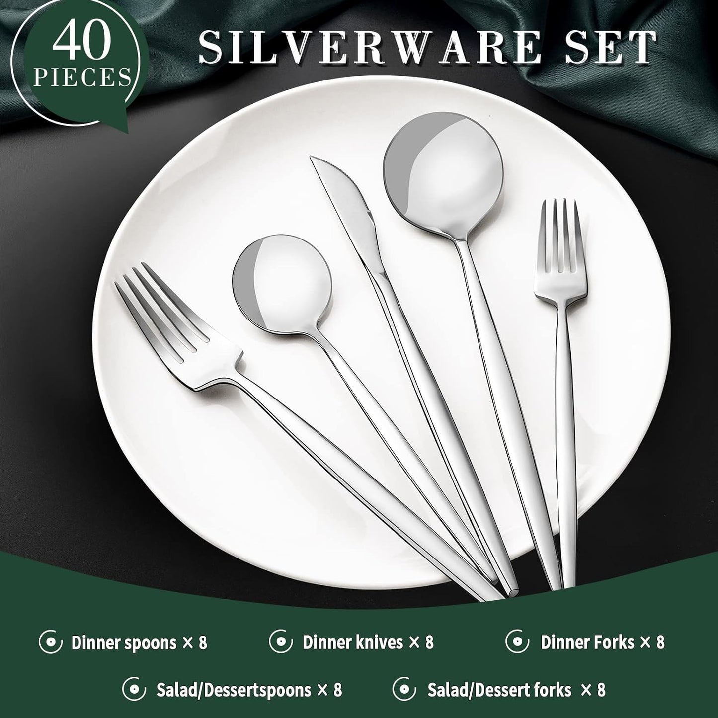 40-Piece Silverware Set for 8, CEKEE Stainless Steel Flatware Cutlery Set Included Knife Spoon and Fork, Kitchen Utensils Set for Home Hotel Wedding Restaurant - Mirror Polished & Dishwasher Safe
