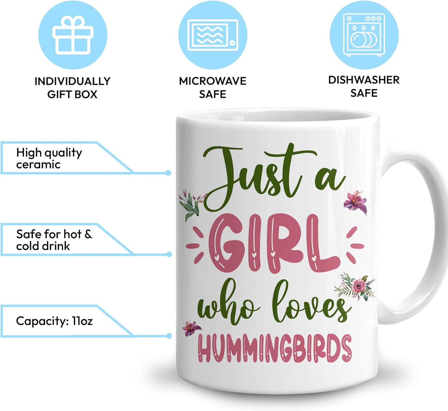 Hyturtle Personalized Gifts Hummingbird Lover - Just A Girl Who Loves Hummingbirds Custom Name Ceramic Coffee Mug Cup 11oz - Idea Cute Animal Lover Gifts For Women, Girl On Birthday, Christmas