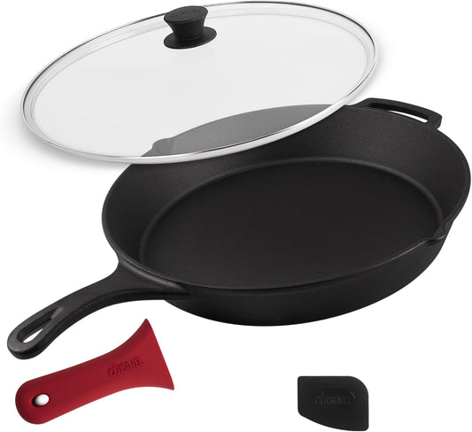 Cuisinel 15" Cast Iron Skillet + Glass Lid Cover + Black Pan Scraper + Silicone Handle Grip Cover - Pre-seasoned Kitchen Cookware - Indoor/Outdoor - Camping, Grilling, BBQ, Oven Use