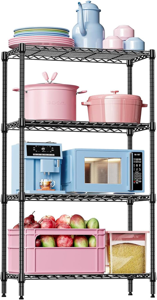 IZEUK 4-Tier Black Metal Storage Shelves, Heavy Duty Adjustable Wire Shelving Rack for Garage, Kitchen, Bathroom, Closet Organizer, 1000 lbs Capacity, 15.7" D x 33.5" W x 59.5" H