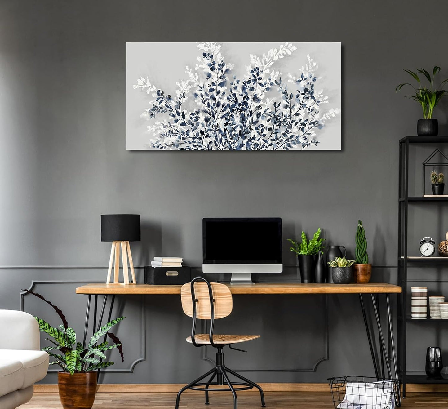NINEASO Botanical Flowers Wall Art - Indigo Blue and White Floral Canvas Pictures Spring Blooming Painting Gray Background Printing Artwork Living Room Bedroom Home Office Wall Decor 20" x 40"