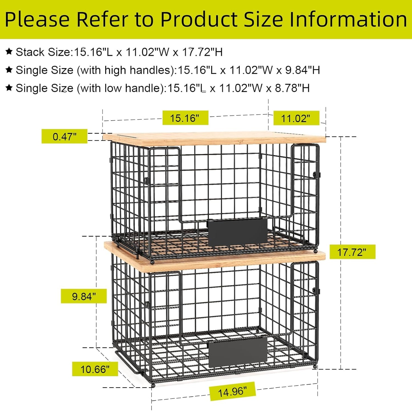 2 Pack Stackable Wire Baskets with Bamboo Top for Pantry Organizers and Storage, XXL Kitchen Organization Counter Basket for Fruit, Vegetable, Produce, Bread, Potato and Onion Storage Bins