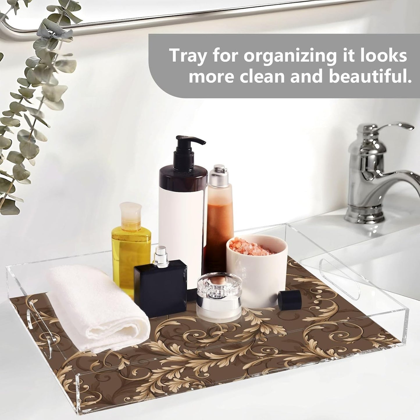 Acrylic Serving Tray with Handles Spill Proof Kitchen Storage Tray Clear Decorative Tray Makeup Drawer Organizer Storage Tray for Bathroom Living Room Ottoman 15.7x11.8Inches