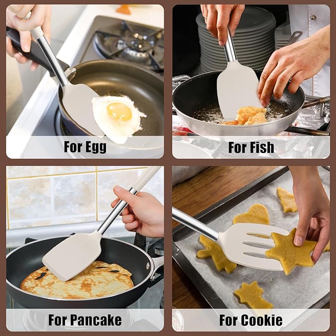 E-far Silicone Spatula Set of 2, Solid & Slotted Turner for Nonstick Cookware, Heat Resistant Rubber Kitchen Cooking Utensils for Flipping Fish Pancake Egg - Khaki
