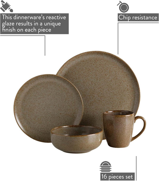 Corona 16–piece Unique Finish Earth-Toned Ceramic Dinnerware Sets, Plates, Bowls and Mugs, Service For 4, Wind