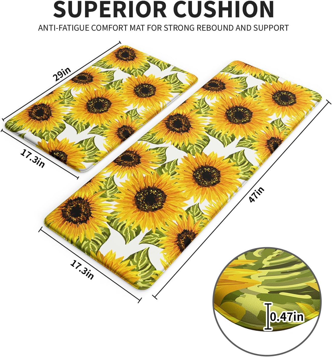 Sunflower Kitchen Mats for Floor Set of 2 - Anti Fatigue Mats for Kitchen Floor, Cushioned Non-Skid Washable Memory Foam Rug for Office, Sink, Laundry (17.3"×29"+17.3"×47"-0.47")