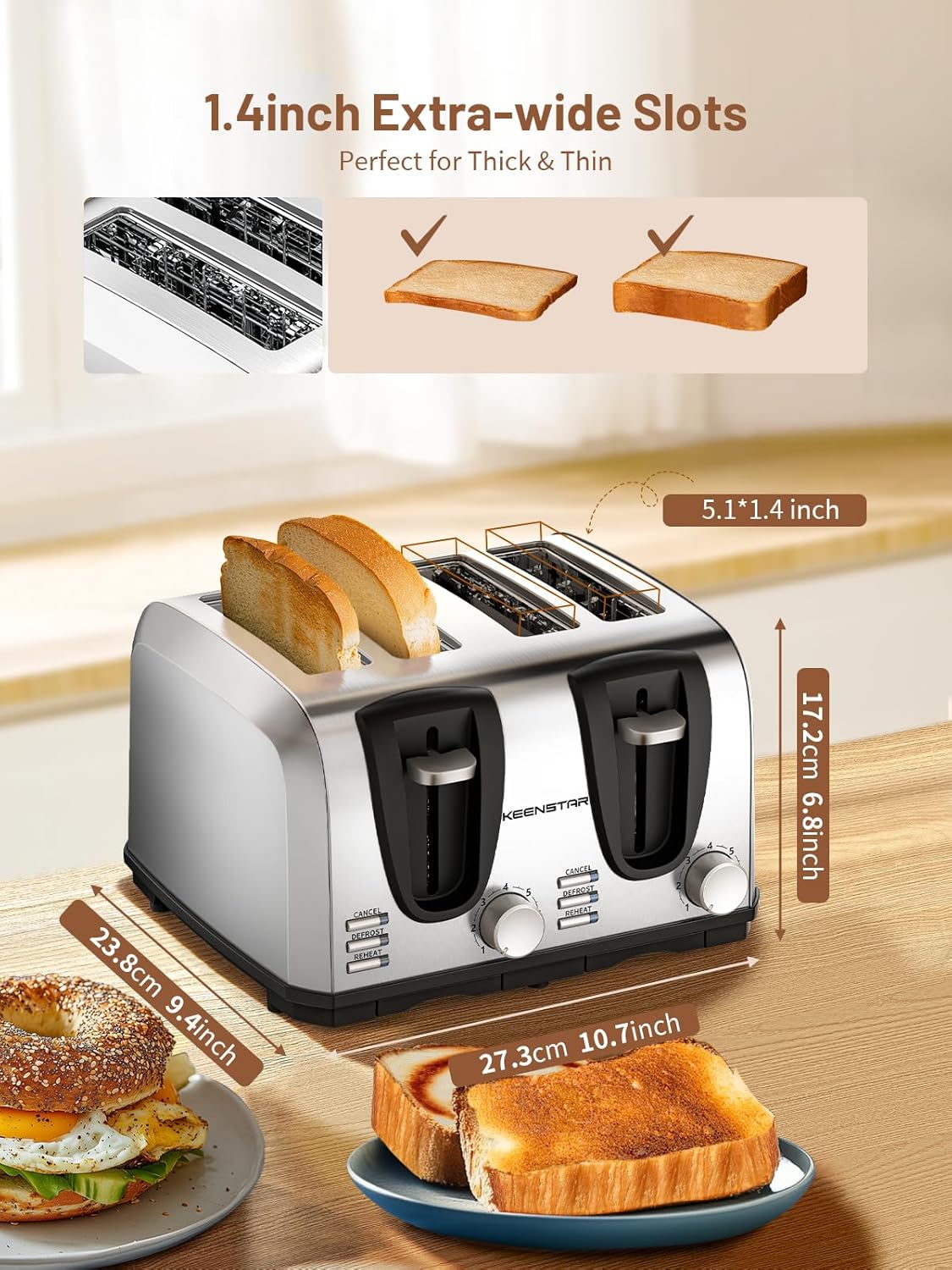 Keenstar Toaster 4 Slice, Bread Toaster with Dual Control Panels Extra-Wide Slot of Bagel/Defrost/Cancel Function, 7 Toasting Bread Shade Settings, Removable Crumb Trays, Auto Pop-Up, Stainless Steel