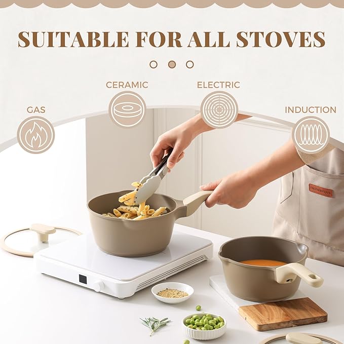 PRICUSIS Nonstick Saucepan with Lid, 2 Quart Sauce Pan, Healthy Sauce Pot with Pour Spouts for Multipurpose Use, PTFE, PFOA Free, Induction Compatible, Apricot