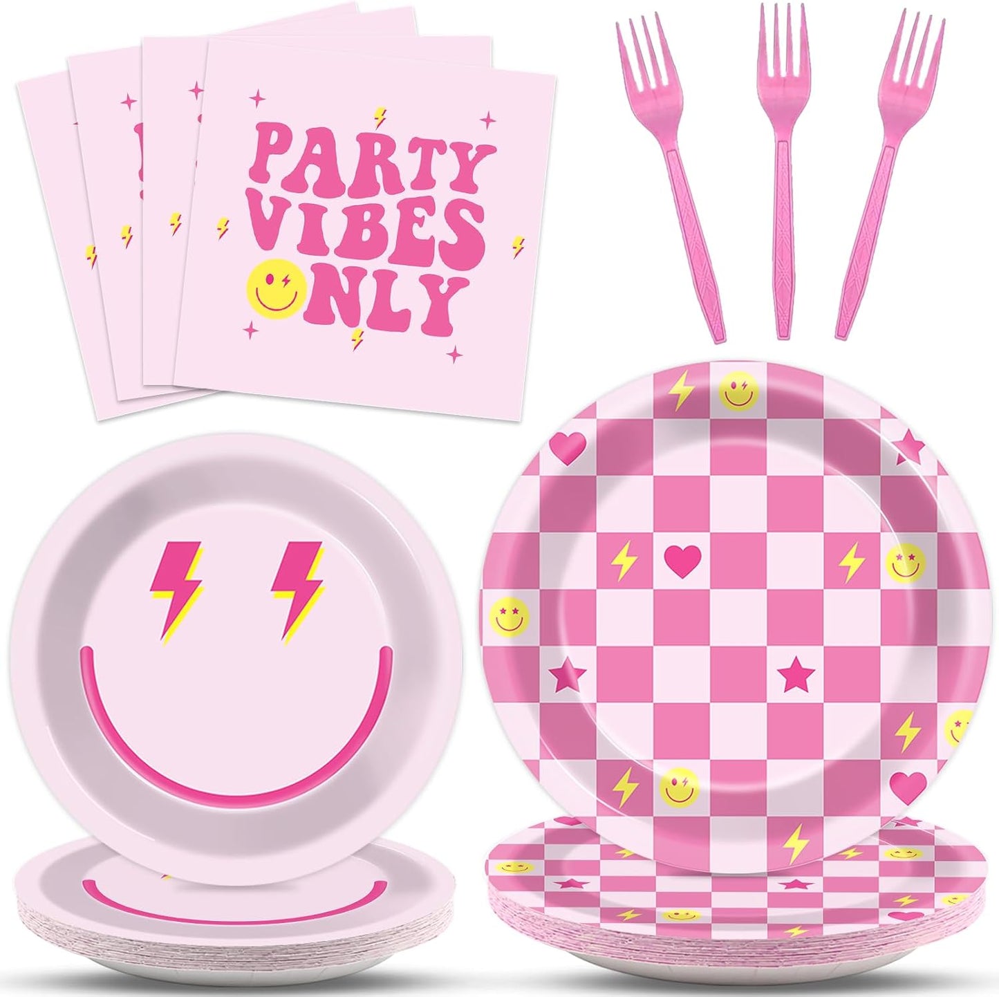 200Pcs Preppy Party Supplies Pink Smile Face Paper Plates Napkins Preppy Smile Face Party Tableware Set Dinnerware for Birthday Bachelor Baby Shower Decoration Serve 50