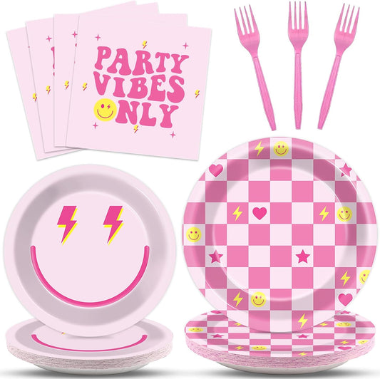 200Pcs Preppy Party Supplies Pink Smile Face Paper Plates Napkins Preppy Smile Face Party Tableware Set Dinnerware for Birthday Bachelor Baby Shower Decoration Serve 50