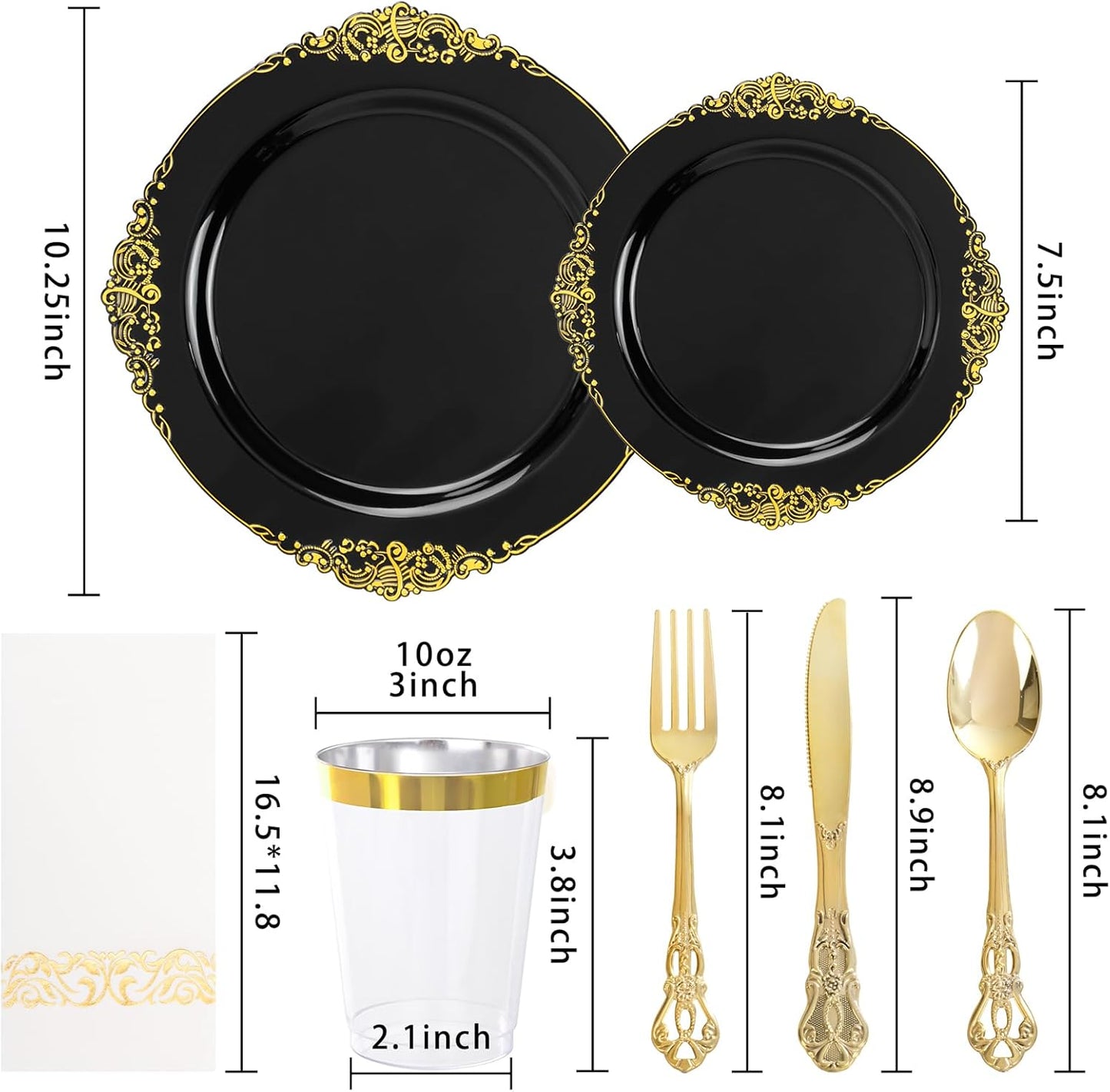 YOUBET 700PCS Black Plastic Plates - Black and Gold Plates - Gold Plastic Dinnerware Set Include 200 Disposable Plate, 300 Heavy Duty Silverware, 100 Cups, 100 Napkins for Wedding & Party & Halloween
