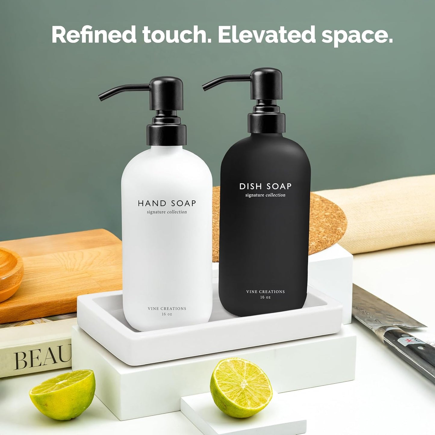 Vine Creations Glass Soap Dispenser Set, Kitchen Soap Dispenser Set with Ceramic Tray, 16 oz Dish Soap and Hand Soap Dispensers with Stainless Steel Pump Decor (White and Black Bottles/Matte Black)