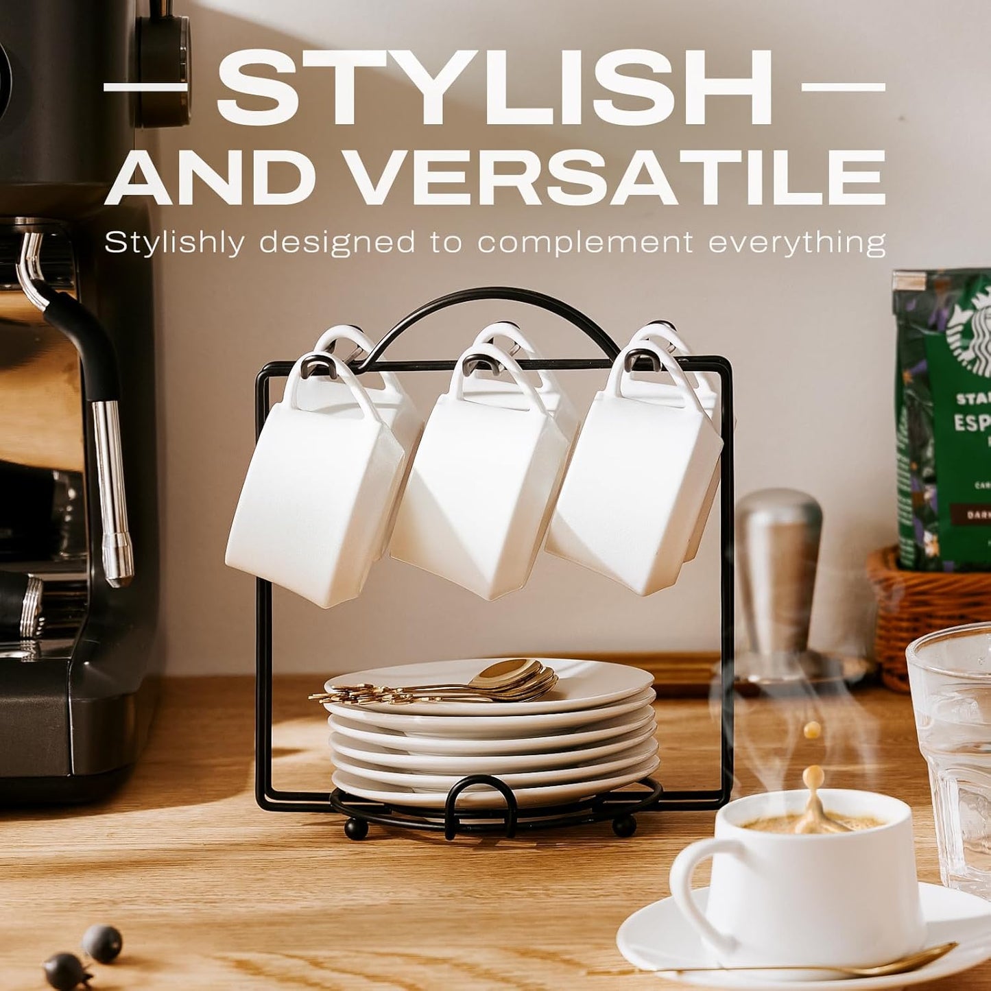 Lareina 3-Ounce Porcelain Espresso Cups Set of 6, Stackable Coffee Cups with Saucers, Spoons and Metal Stand, Ceramic Demitasse Mugs, Espresso Accessories for Machine, White