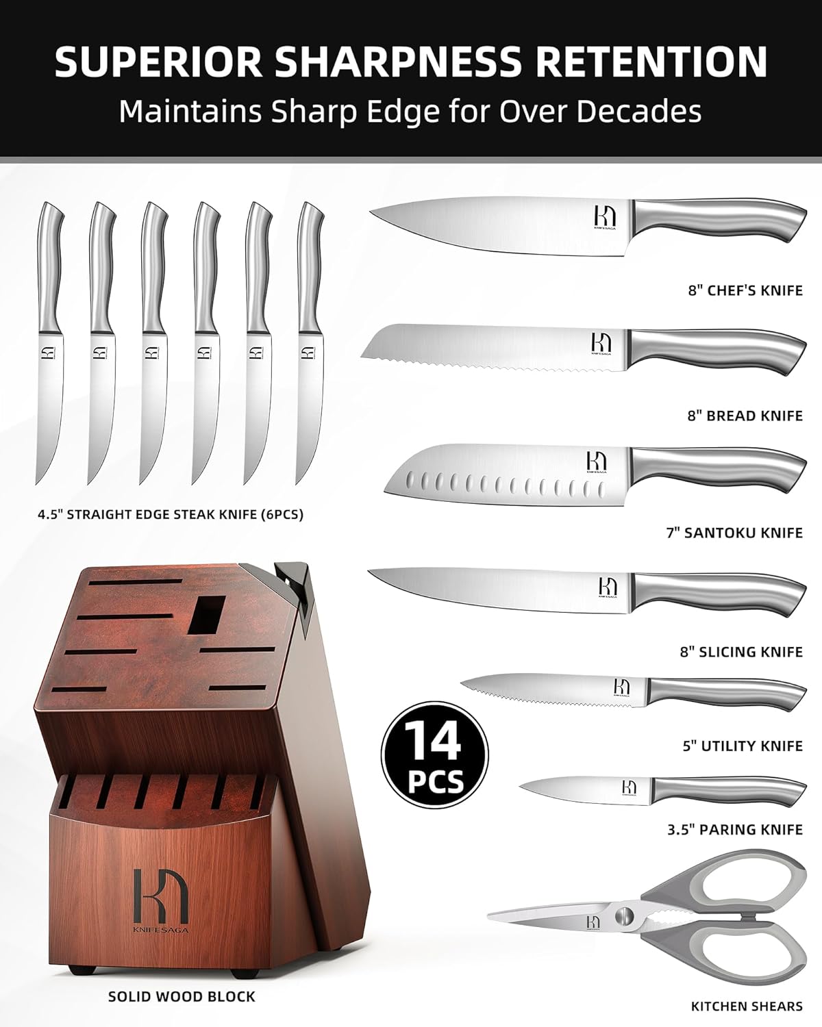 Kitchen Knife Block Set, Enduring Sharpness Premium Knife Set with Block, 14 Pcs Japanese High Carbon Stainless Steel Knives Set for Kitchen, Chef Knife Set with Block and Built in Sharpener