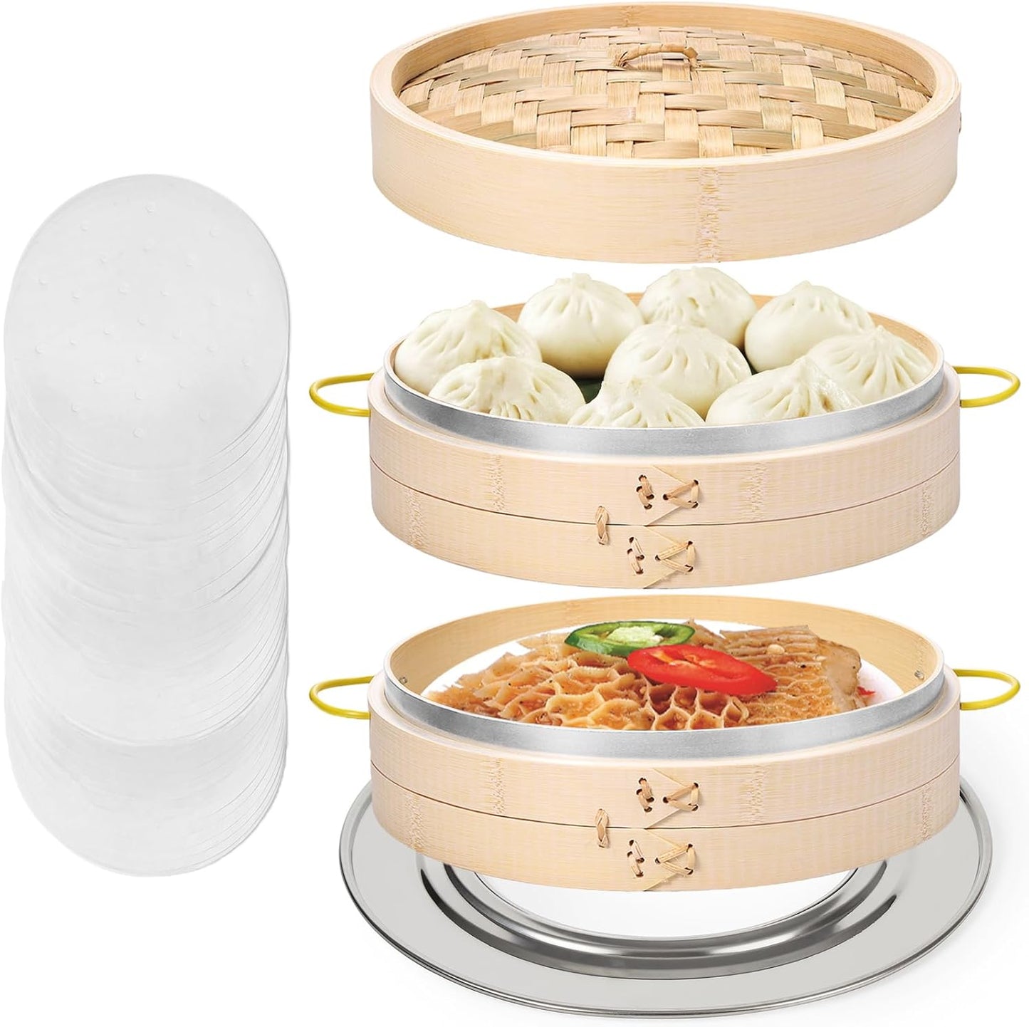 MacaRio Bamboo Steamer Basket Set 10 inch Steamer for Cooking, with Side Handles, Ring Adapter, Paper Liners, for Dim Sum Dumplings Buns Seafoods Vegetables Rice Asian Foods
