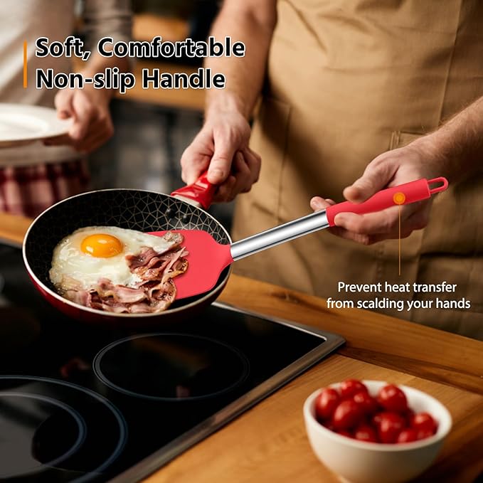 Silicone Spatula Set of 2, E-far Solid & Slotted Turner for Nonstick Cookware, Heat Resistant Rubber Kitchen Cooking Utensils for Flipping Fish Pancake Egg - Red