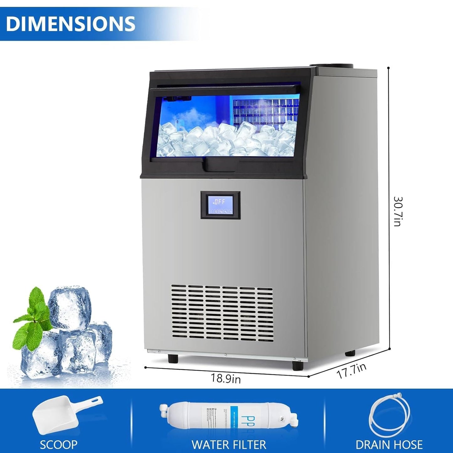 Commercial Ice Maker, 100 Lbs/24H Stainless Steel Free Standing Ice Maker with LCD Display, 33 Lbs Ice Storage Bin, Self Cleaning Under Counter Ice Maker for Bar, Restaurant, 2 Ways to Add Water