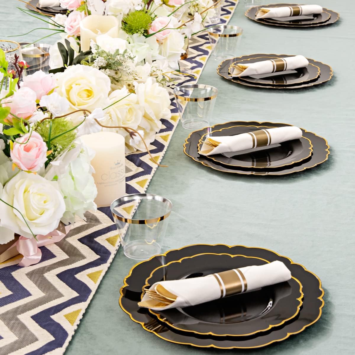 Morejoy 175PCS Black Gold Plastic Plates, Black Plate with Rolled Napkins: 50 Plates, 25 Spoons, 25 Forks, 25 Knives, 25 Cups for Wedding & Party & Birthday & New Year & Halloween