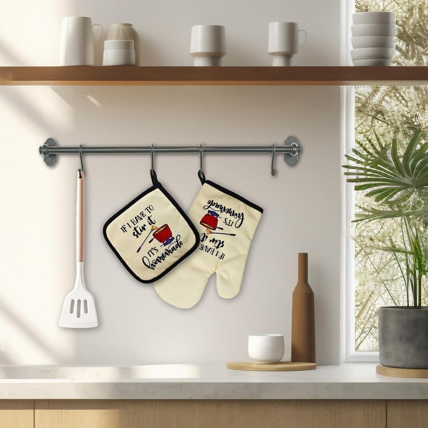 Funny Oven Mitts Gifts（Set of 2） If I Have to Stir It It's Homemade Oven Mitts and Pot Holders Set Kitchen Heat Resistant Gloves Silicone Non-Slip Oven Mitts Chef Gifts for Women Men Friend