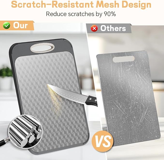 Stainless Steel Cutting Board, Double-Sided Chopping Boards Scratch Resistant Mesh Design, Stainless Steel & Wheat Straw PP Non Toxic Cutting board for Kitchen Meat Vegetables (Large, 16”x11”）