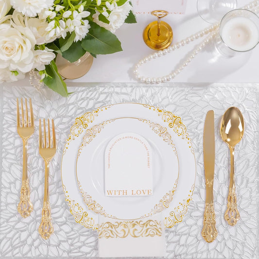 Ciaell 300PCS White and Gold Plastic Plates - Gold Disposable Dinnerware Sets for 50 Guests - 100 Plates, 50 Knives, 50 Forks, 50 Spoons, and 50 Napkins for Wedding, Anniversary, Party & Thanksgiving