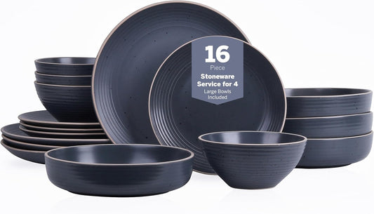 Stone Lain Lauren Modern Stoneware 16-piece Round Dinnerware Set, Plates and bowls Set, Dish set for 4, Charcoal