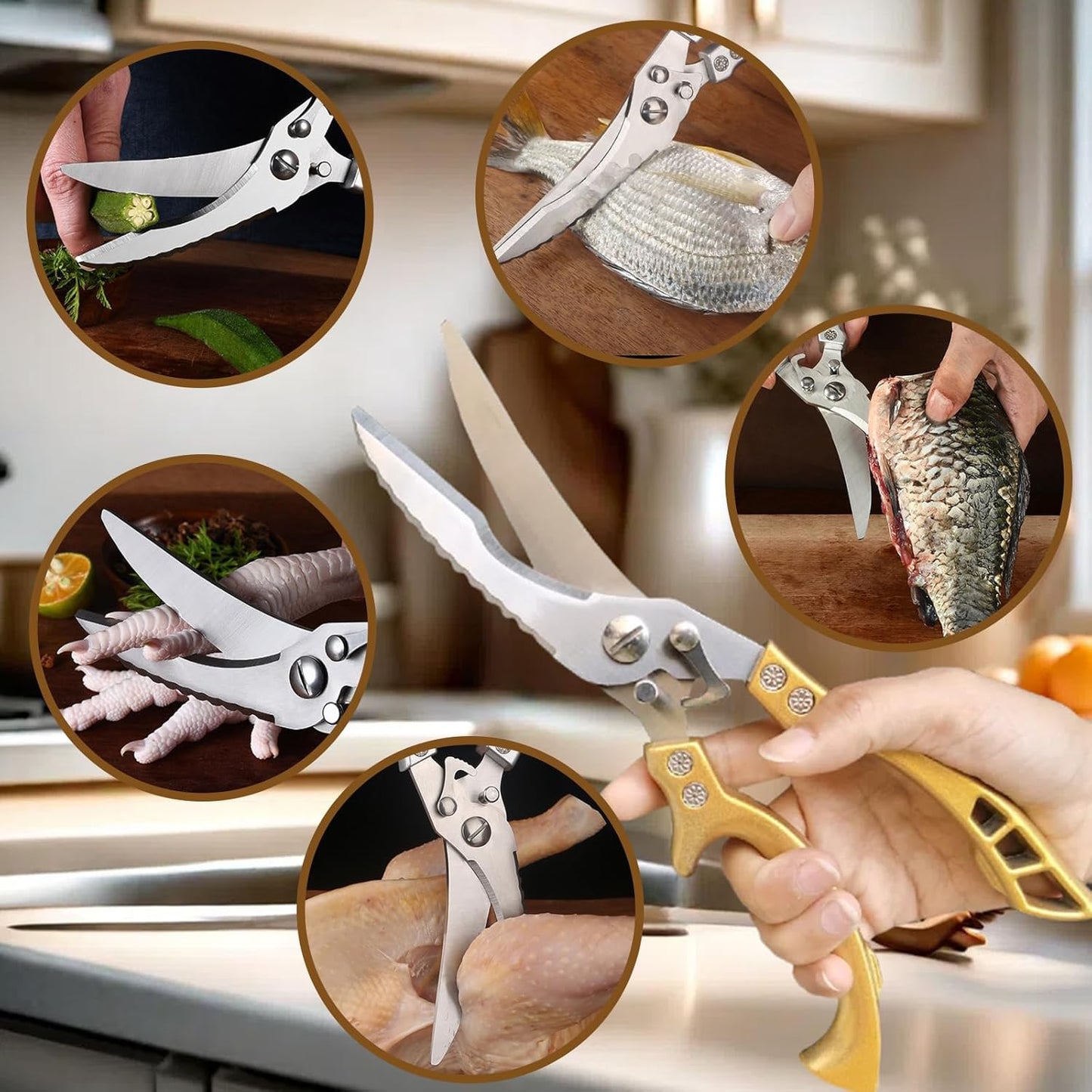 ANDONG Heavy Duty Kitchen Poultry Shears with Serrated Edge, Spring Loaded Kitchen Scissors, Professional Chicken Shears, Gold