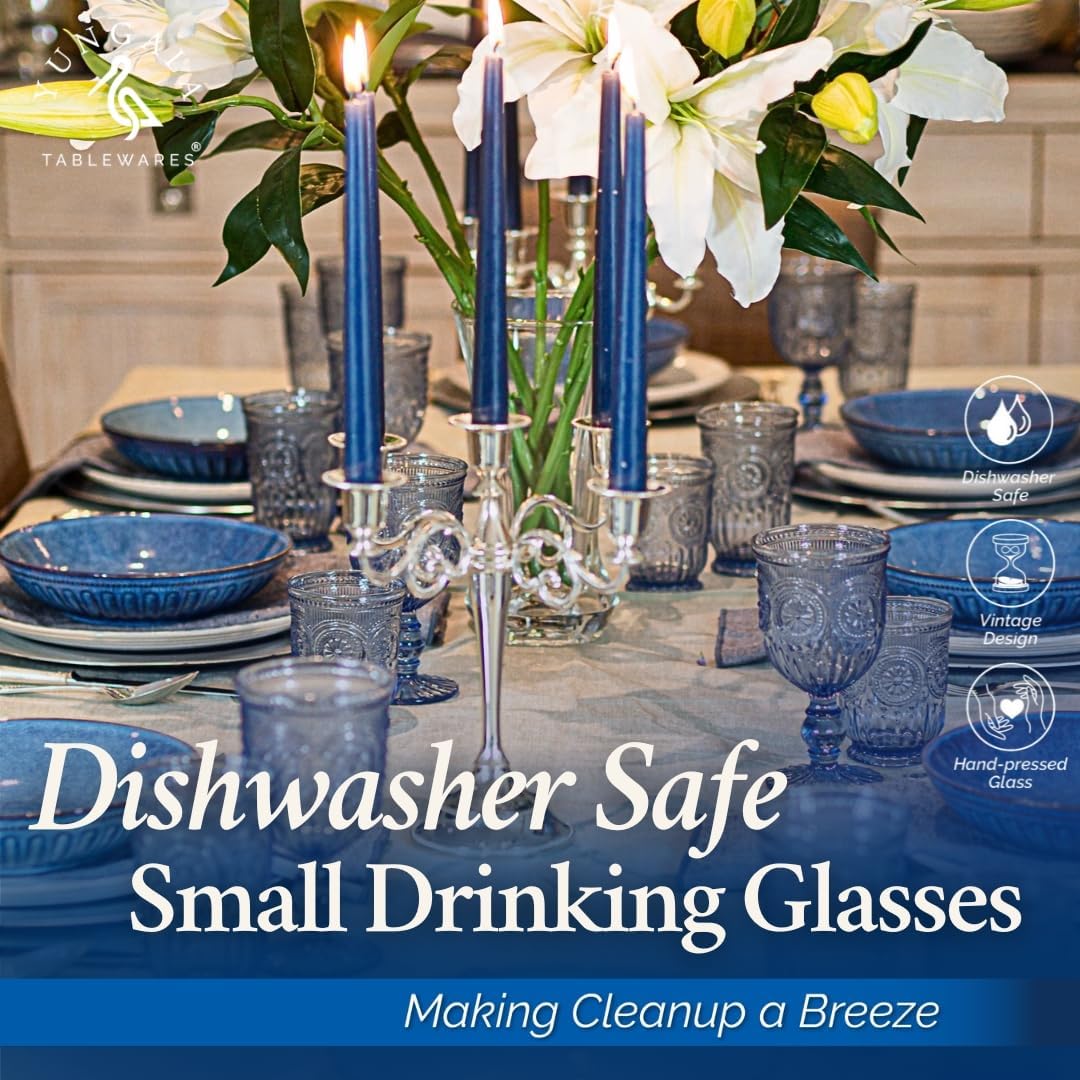 Yungala Blue Glassware set of 6 small dishwasher safe colored glasses, Blue glass cups, matching highball and wine glasses available