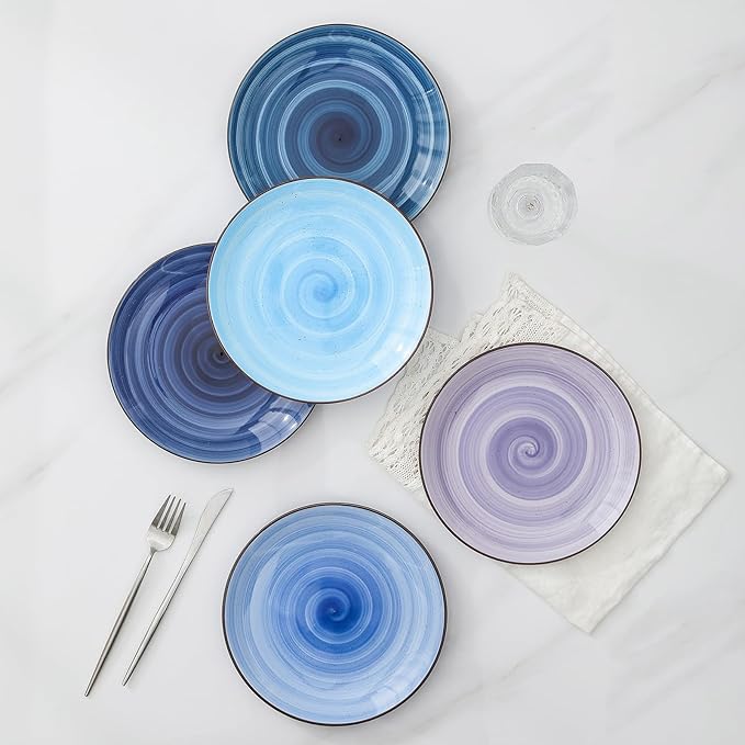 Selamica Ceramic Plates and Bowls Set, 24 Pieces Dinnerware Sets for 6, Scratch Resistant Dishes Set, Handpainted Swirl with Spot Dishwasher & Microwave Safe, Gradient Blue