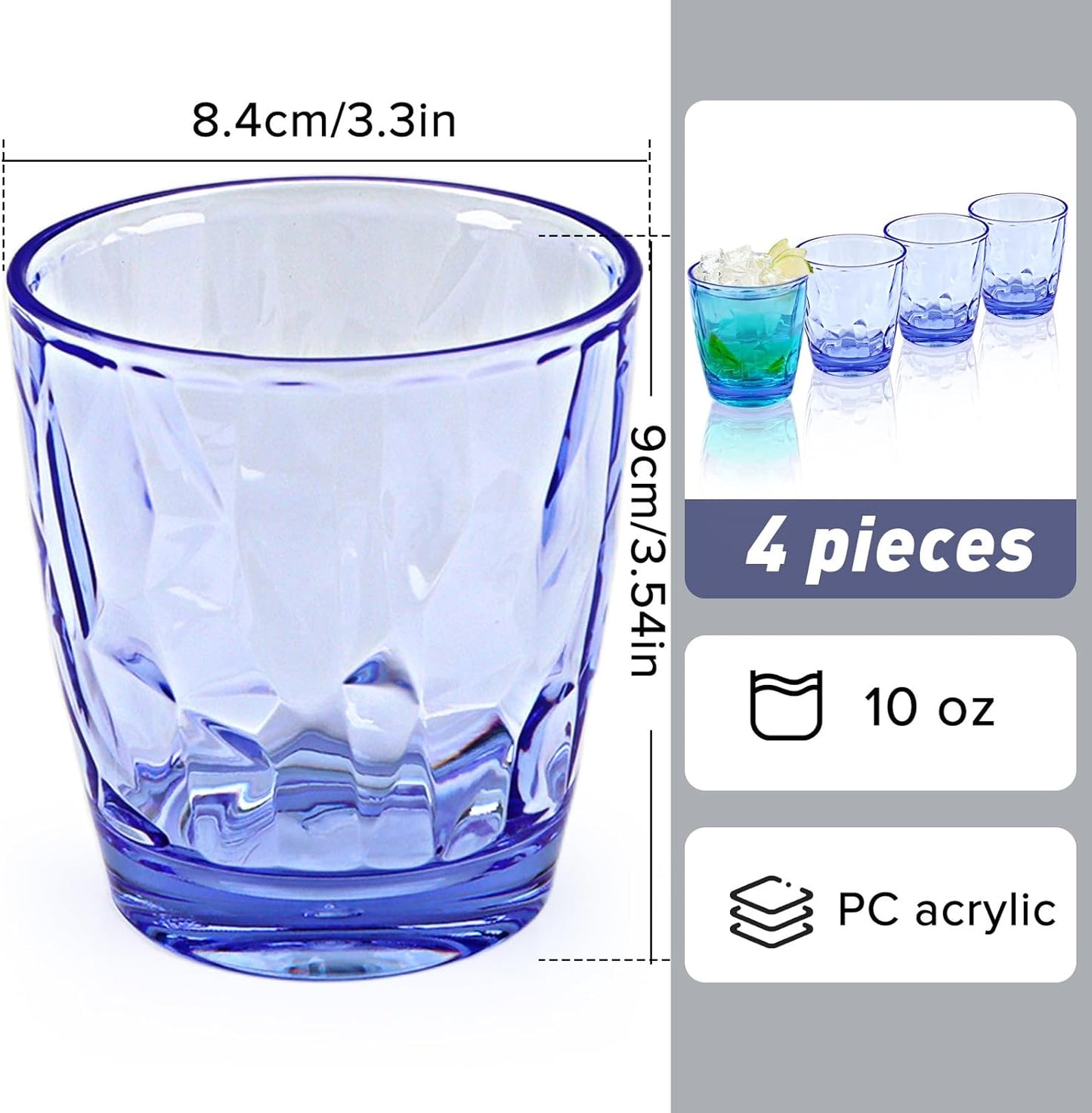 Plastic Glassware Tumbler Dishwasher Safe, Set of 4 Unbreakable Drinking Glasses, 10.5oz Reusable Acrylic Cups for Everyday Use (Blue)