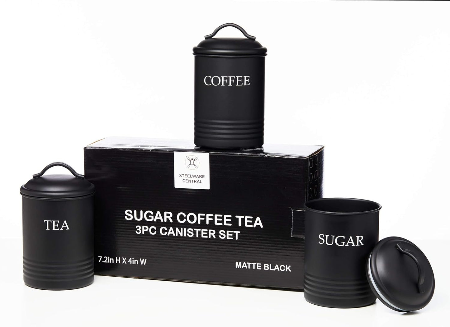 Kitchen Canister Set of 3 Sugar Coffee Tea with lids Food Storage, Black