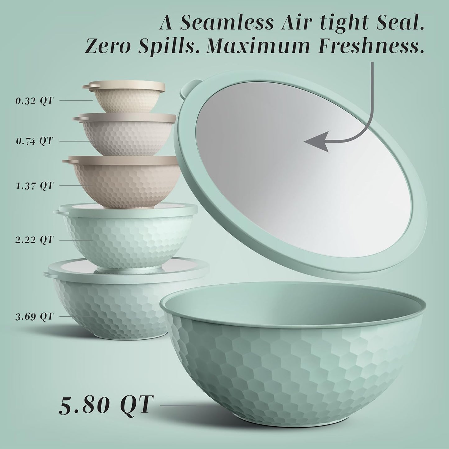 COOK WITH COLOR Mixing Bowls with Lids - 12 Piece Plastic Nesting Bowls Set includes 6 Prep Bowls and 6 Lids, Non Slip Bottom and Embossed Design - Microwave Safe (Mint)