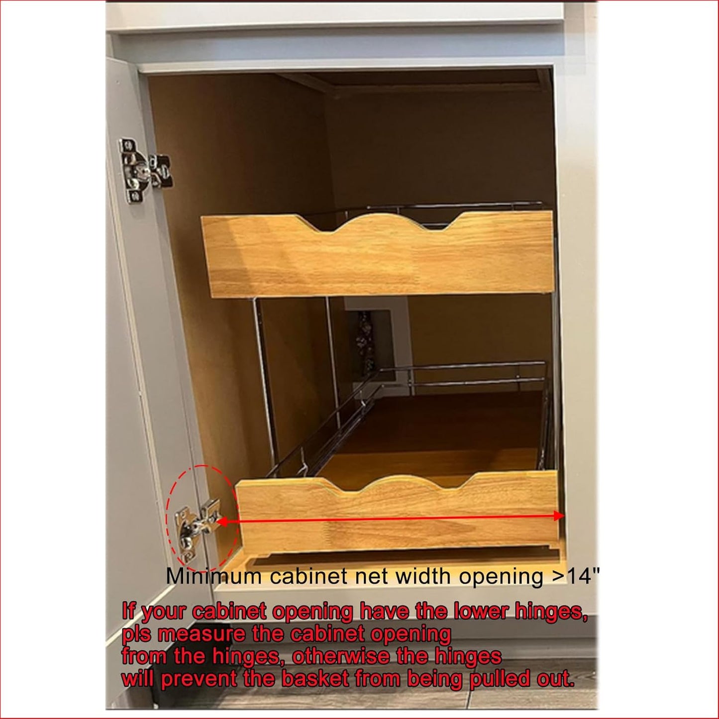 DINDON 2 Tier Pull Out Cabinet Organizer (14" W x 21" D) Slide Out Wood Shelf Double Tier Kitchen Wire Basket with Chrome Finish…